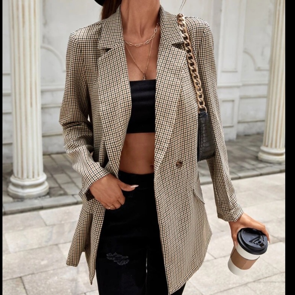 Lapel Neck Gingham Print Button Down Blazer